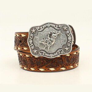 Nocona  Kids Floral Embossed Bull Rider Leather Belt  N4436208  Size 30    NWT